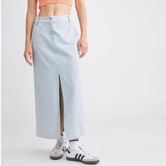 Self Contrast Skirt Women's Small Eliana Pencil Midi Denim Pinstripe Blue NWT